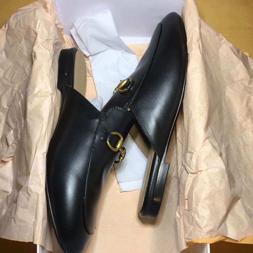 Quince Italian Leather Horsebit Loafer Mule Black w Gold Women’s Size 8.5